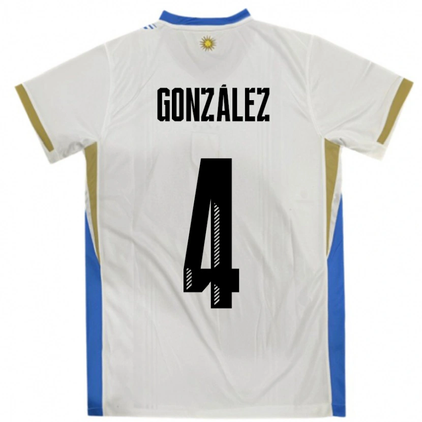 Danxen Bambino Maglia Uruguay Facundo González #4 Bianco Blu Kit Gara Away 24-26 Maglietta