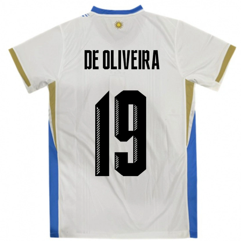 Danxen Bambino Maglia Uruguay Emiliano De Oliveira #19 Bianco Blu Kit Gara Away 24-26 Maglietta