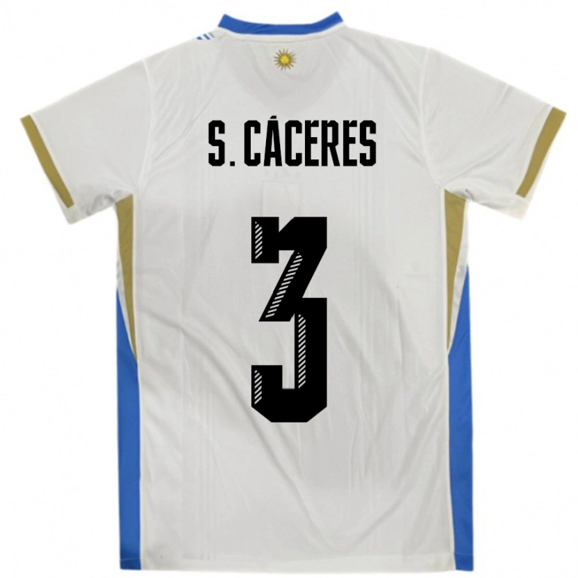 Danxen Bambino Maglia Uruguay Sebastian Caceres #3 Bianco Blu Kit Gara Away 24-26 Maglietta