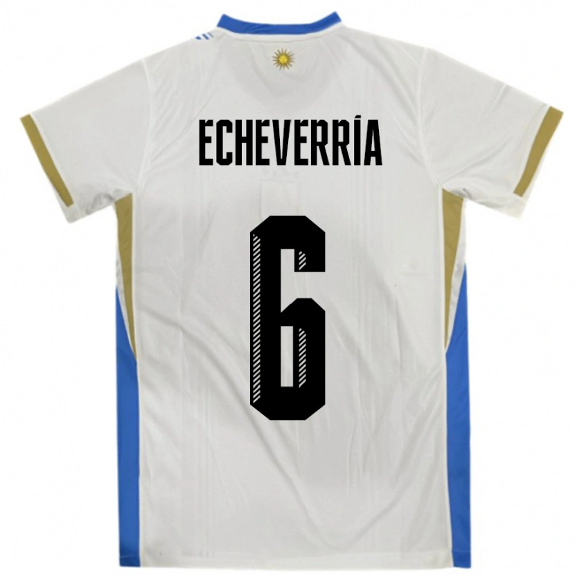 Danxen Bambino Maglia Uruguay Juan Echeverria #6 Bianco Blu Kit Gara Away 24-26 Maglietta