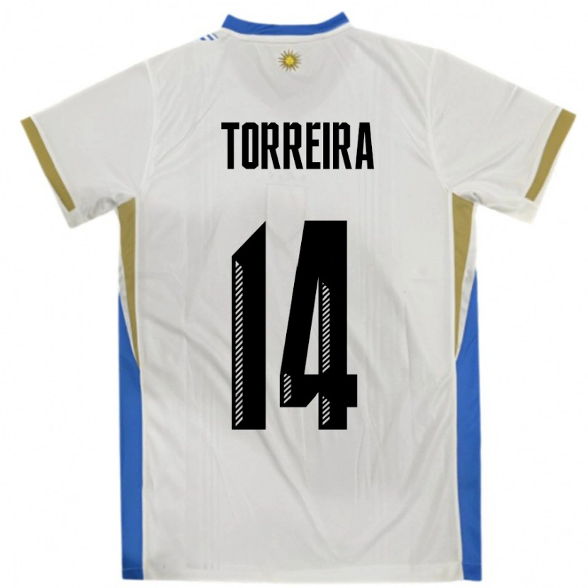 Danxen Bambino Maglia Uruguay Lucas Torreira #14 Bianco Blu Kit Gara Away 24-26 Maglietta