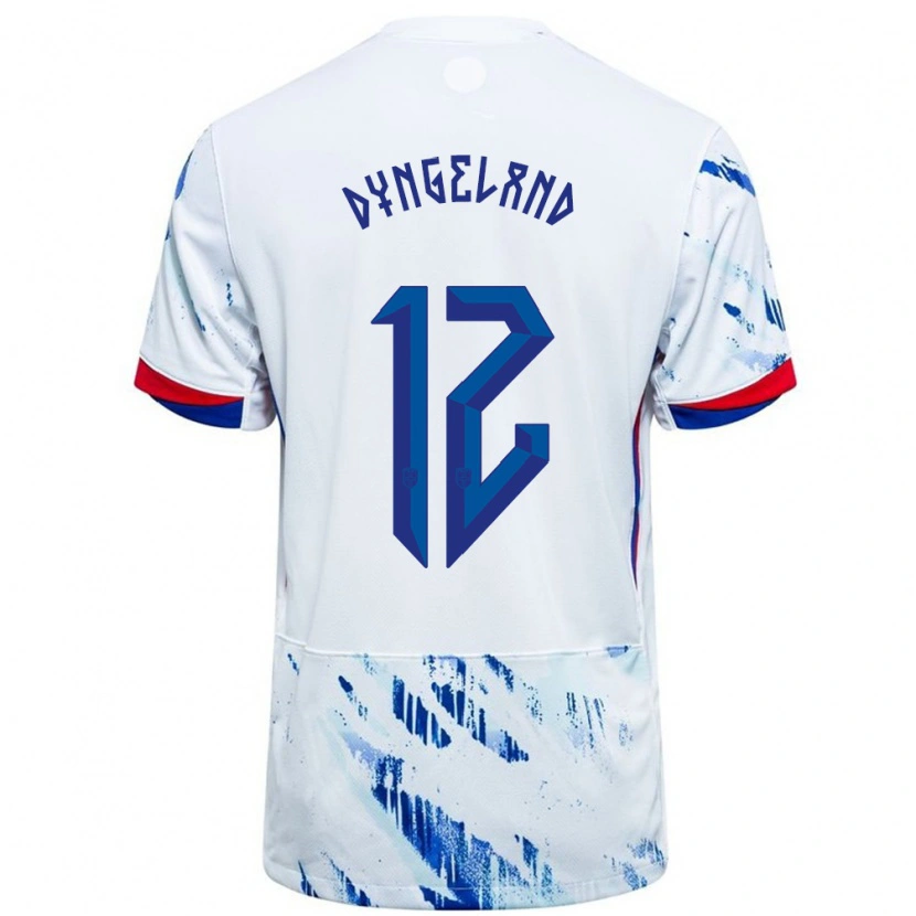 Danxen Bambino Maglia Norvegia Mathias Dyngeland #12 Bianco Blu Kit Gara Away 24-26 Maglietta