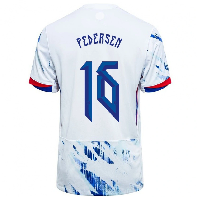 Danxen Bambino Maglia Norvegia Marcus Pedersen #16 Bianco Blu Kit Gara Away 24-26 Maglietta