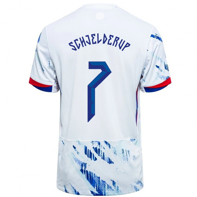 Danxen Bambino Maglia Norvegia Andreas Schjelderup #7 Bianco Blu Kit Gara Away 24-26 Maglietta