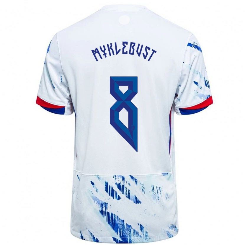 Danxen Bambino Maglia Norvegia Lucas Myklebust #8 Bianco Blu Kit Gara Away 24-26 Maglietta