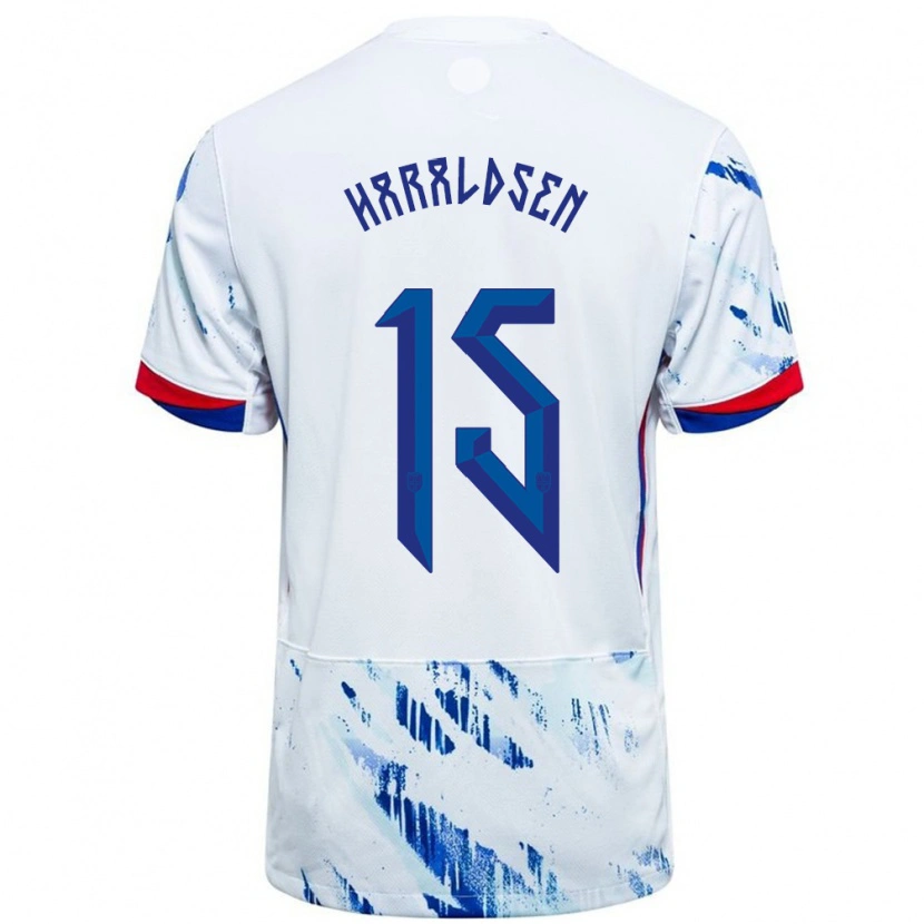 Danxen Bambino Maglia Norvegia Henrik Haraldsen #15 Bianco Blu Kit Gara Away 24-26 Maglietta