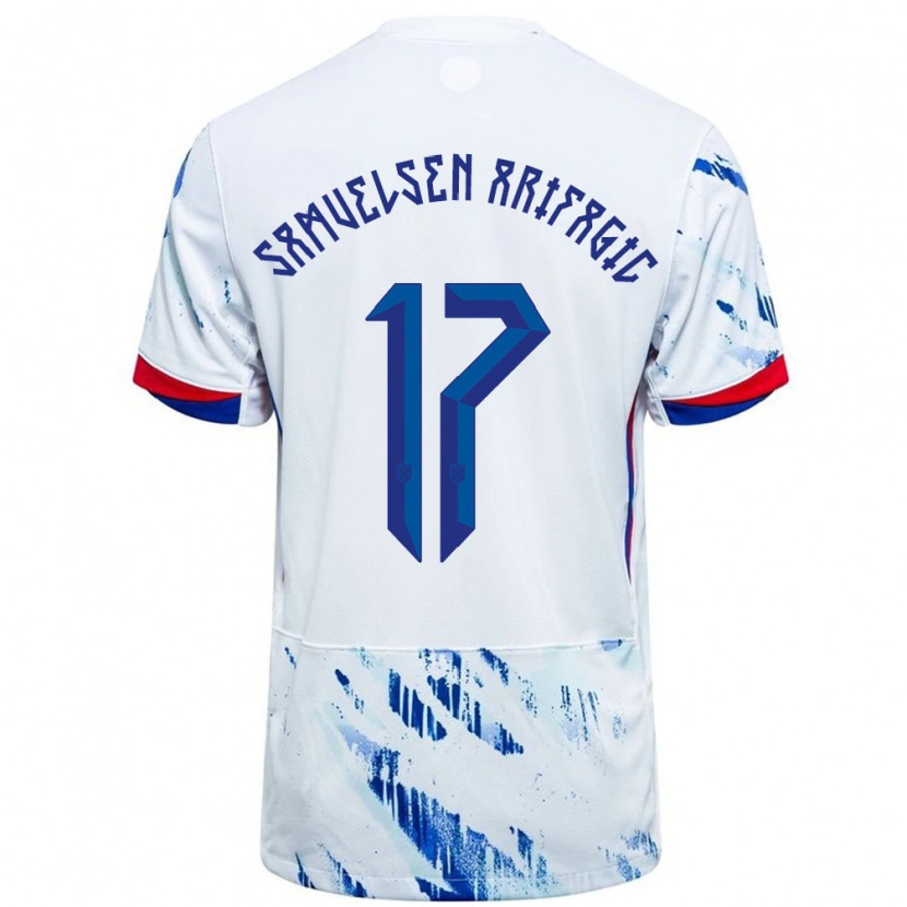 Danxen Bambino Maglia Norvegia Elias Samuelsen Arifagic #17 Bianco Blu Kit Gara Away 24-26 Maglietta