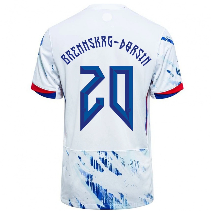 Danxen Bambino Maglia Norvegia Leo Brennskag-Dorsin #20 Bianco Blu Kit Gara Away 24-26 Maglietta