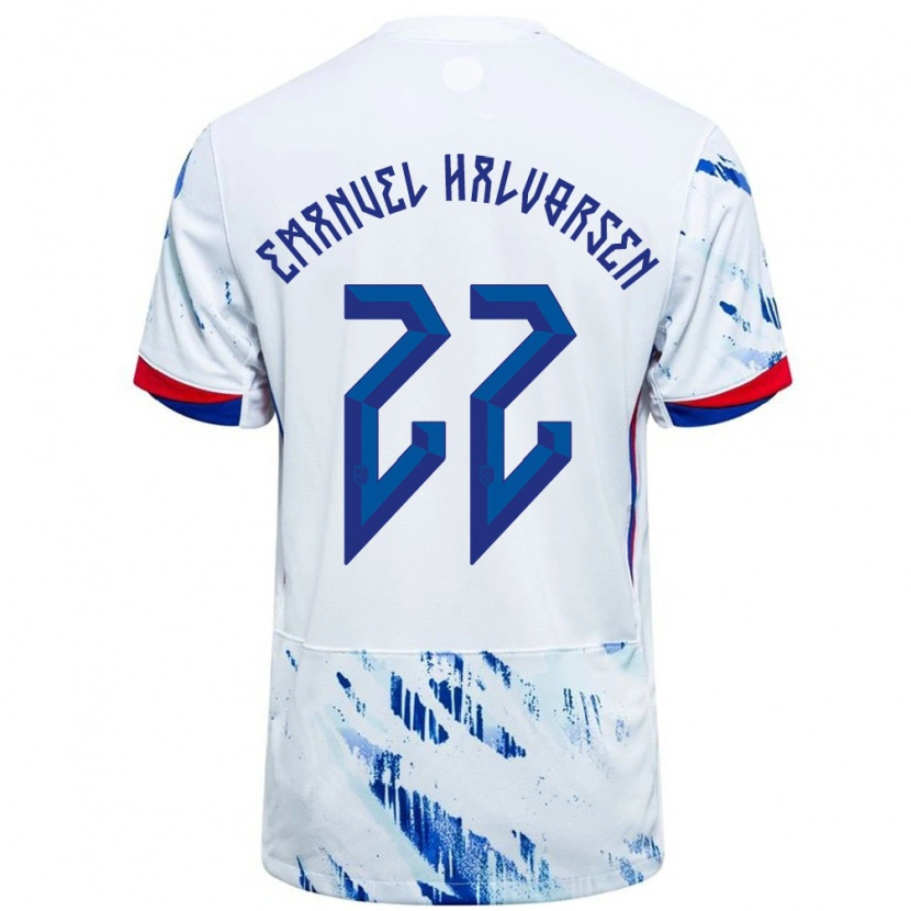 Danxen Bambino Maglia Norvegia Victor Emanuel Halvorsen #22 Bianco Blu Kit Gara Away 24-26 Maglietta