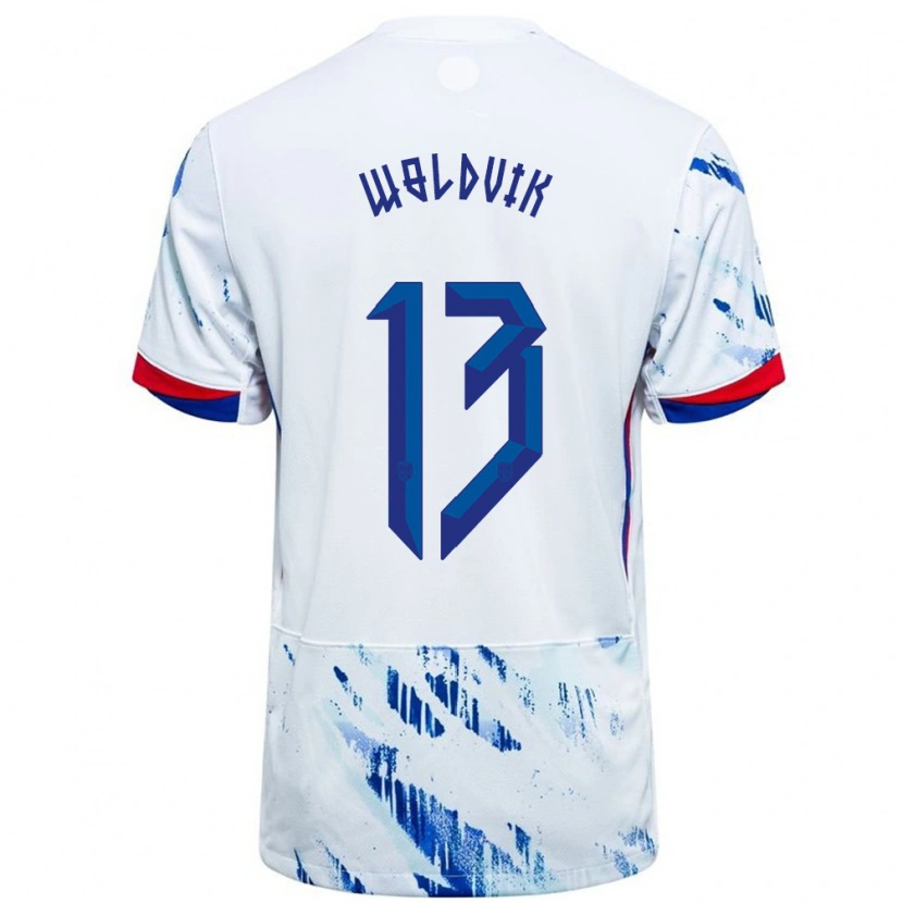 Danxen Bambino Maglia Norvegia Emilie Woldvik #13 Bianco Blu Kit Gara Away 24-26 Maglietta