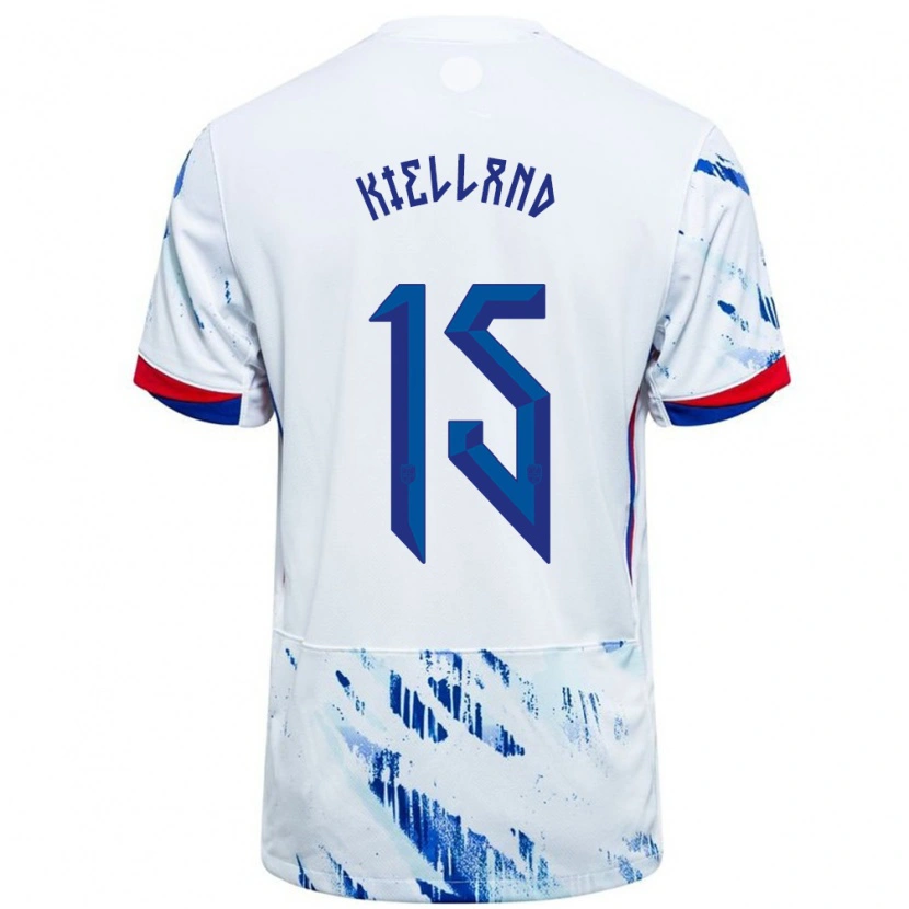 Danxen Bambino Maglia Norvegia Justine Kielland #15 Bianco Blu Kit Gara Away 24-26 Maglietta