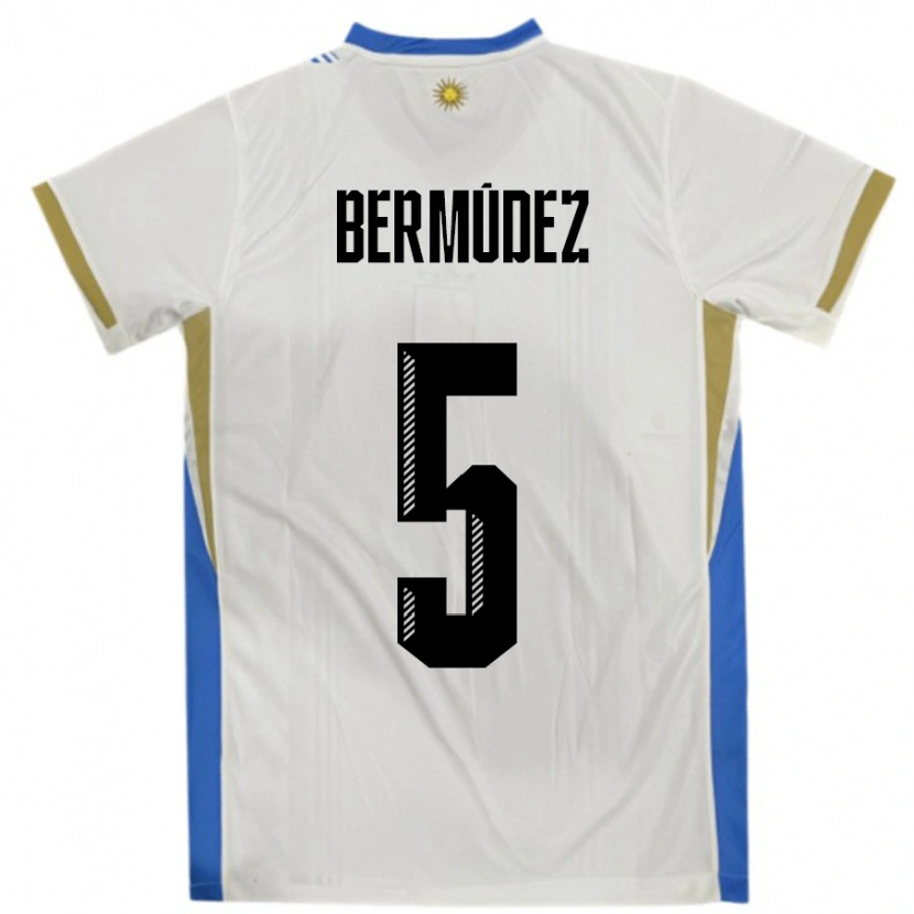 Danxen Uomo Maglia Uruguay Karol Bermudez #5 Bianco Blu Kit Gara Away 24-26 Maglietta