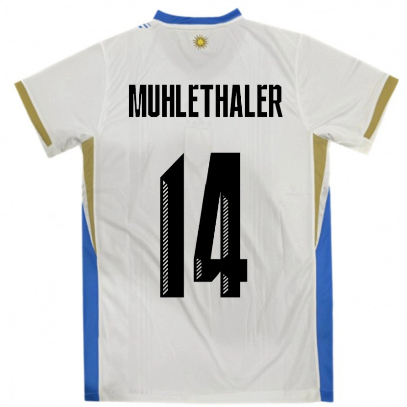Danxen Uomo Maglia Uruguay Stiven Muhlethaler #14 Bianco Blu Kit Gara Away 24-26 Maglietta