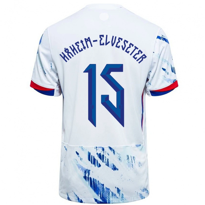 Danxen Uomo Maglia Norvegia Martin Håheim-Elveseter #15 Bianco Blu Kit Gara Away 24-26 Maglietta