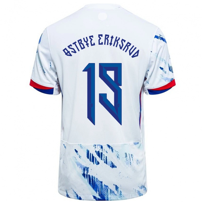 Danxen Uomo Maglia Norvegia Marius Østbye Eriksrud #19 Bianco Blu Kit Gara Away 24-26 Maglietta