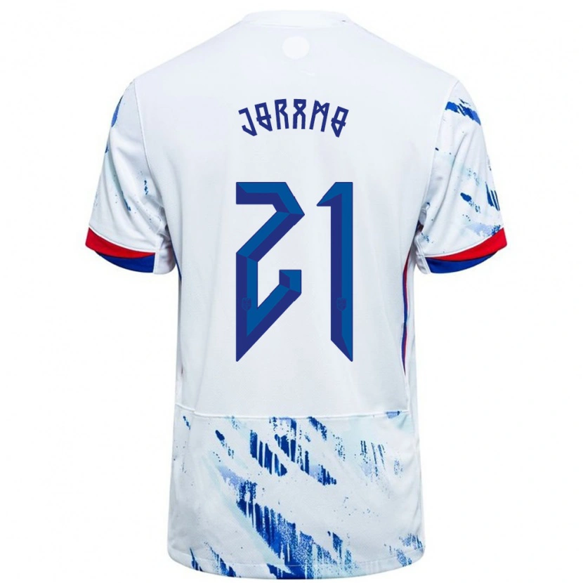 Danxen Uomo Maglia Norvegia Emilie Joramo #21 Bianco Blu Kit Gara Away 24-26 Maglietta