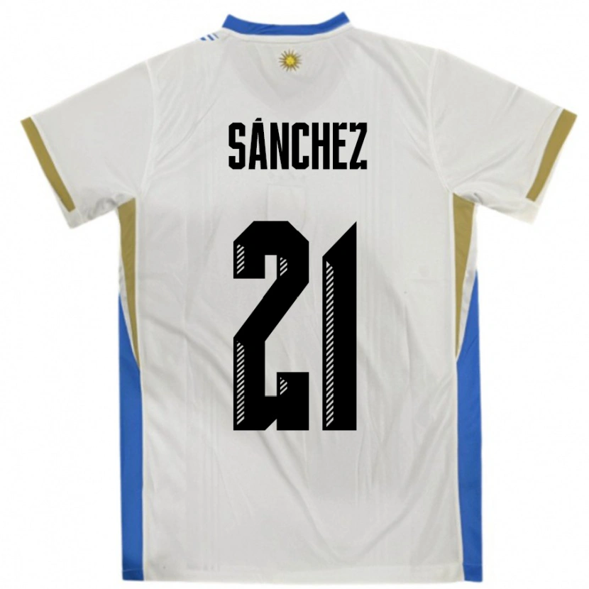 Danxen Donna Maglia Uruguay Renzo Sánchez #21 Bianco Blu Kit Gara Away 24-26 Maglietta