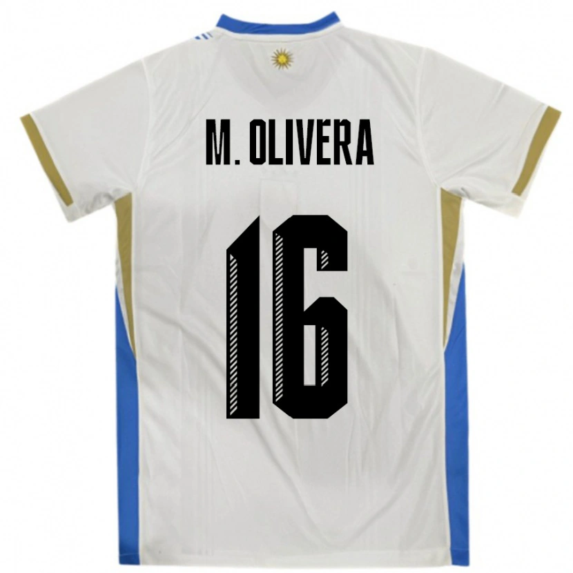 Danxen Donna Maglia Uruguay Mathias Olivera #16 Bianco Blu Kit Gara Away 24-26 Maglietta