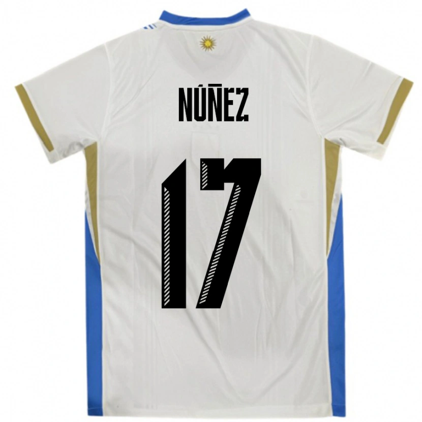 Danxen Donna Maglia Uruguay Facundo Nunez #17 Bianco Blu Kit Gara Away 24-26 Maglietta