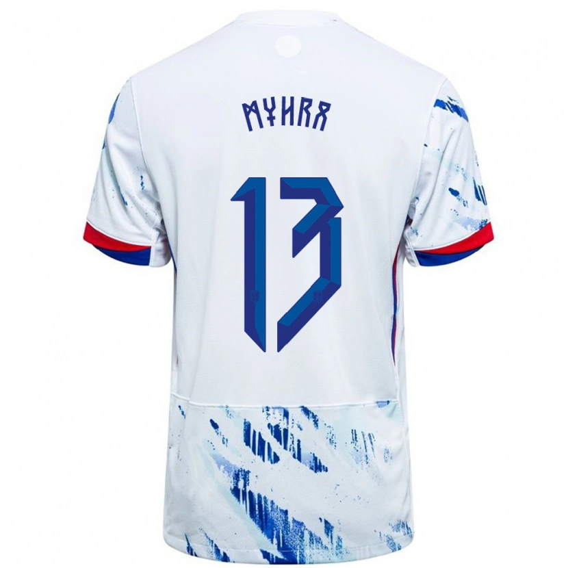 Danxen Donna Maglia Norvegia Viljar Myhra #13 Bianco Blu Kit Gara Away 24-26 Maglietta