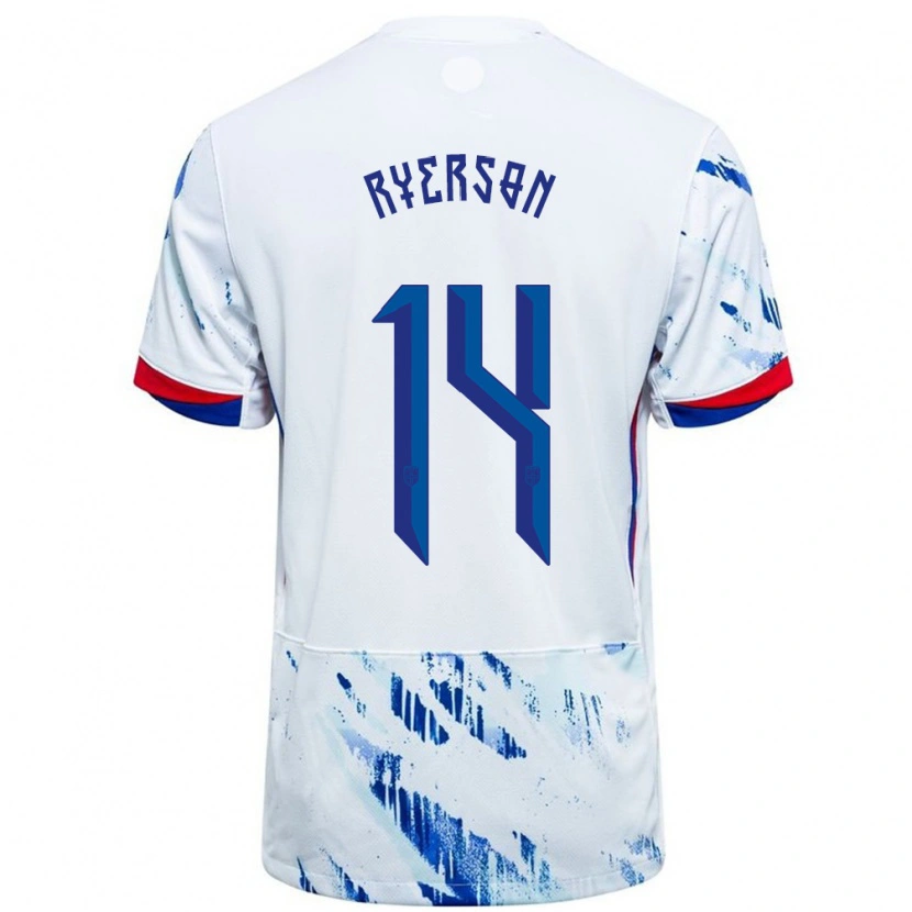 Danxen Donna Maglia Norvegia Julian Ryerson #14 Bianco Blu Kit Gara Away 24-26 Maglietta