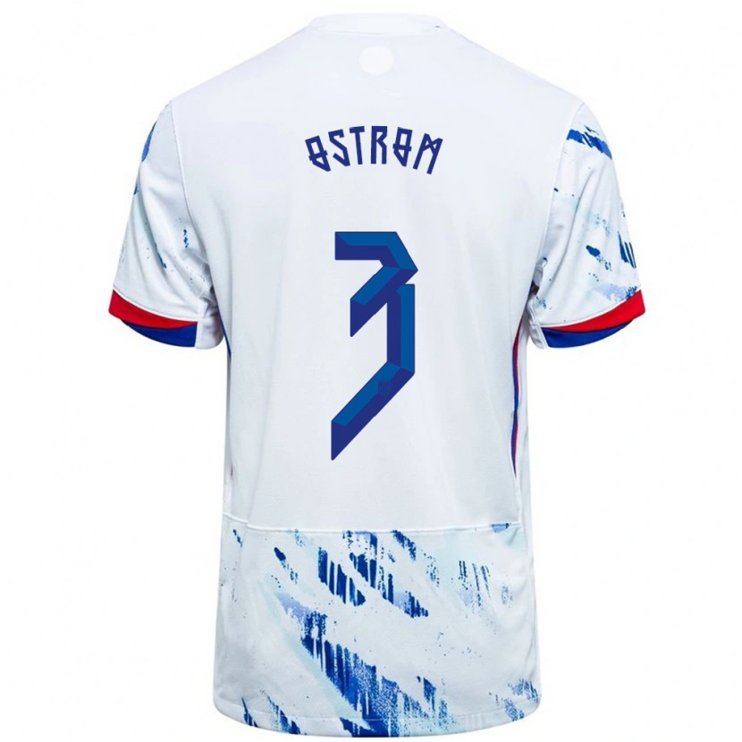 Danxen Donna Maglia Norvegia Robin Østrøm #3 Bianco Blu Kit Gara Away 24-26 Maglietta