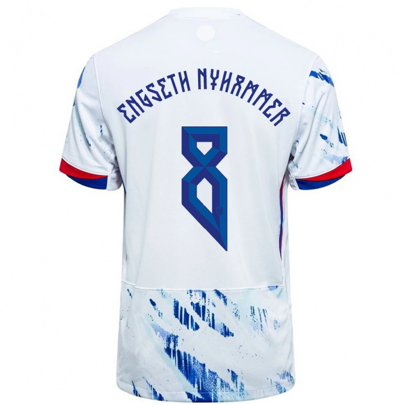 Danxen Donna Maglia Norvegia Troy Engseth Nyhammer #8 Bianco Blu Kit Gara Away 24-26 Maglietta