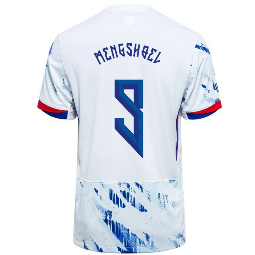 Danxen Donna Maglia Norvegia Olav Dobloug Mengshoel #9 Bianco Blu Kit Gara Away 24-26 Maglietta