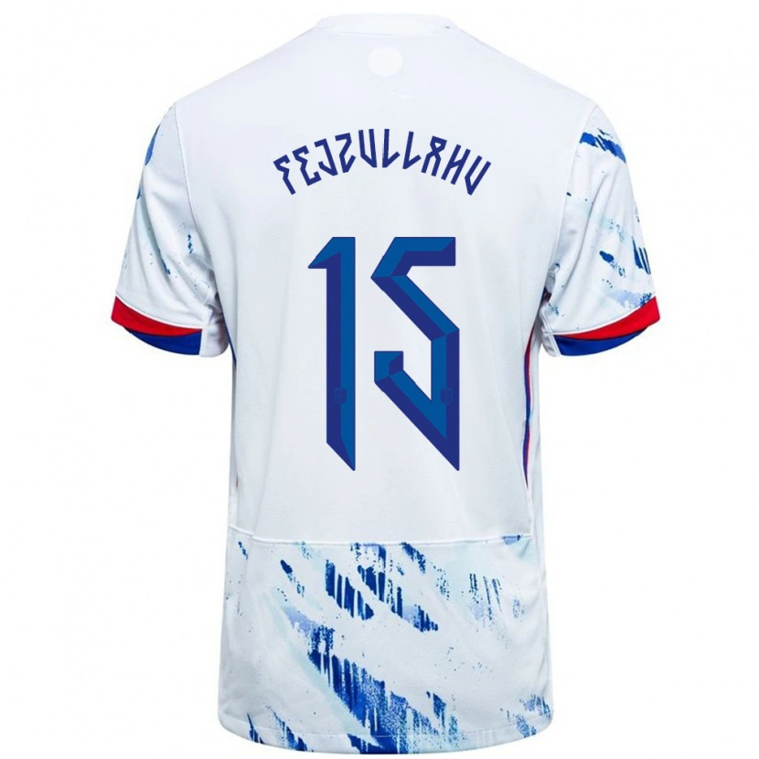 Danxen Donna Maglia Norvegia Arigon Fejzullahu #15 Bianco Blu Kit Gara Away 24-26 Maglietta