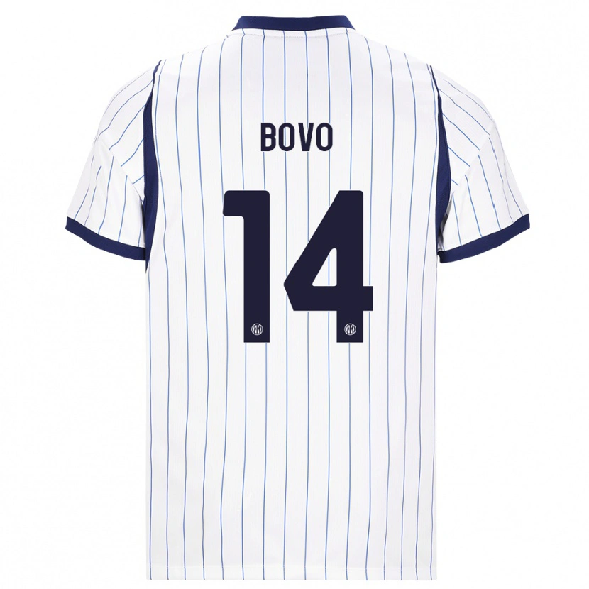 Danxen Bambino Maglia Leonardo Bovo #14 Bianco Blu Navy Kit Gara Away 2026/27 Maglietta