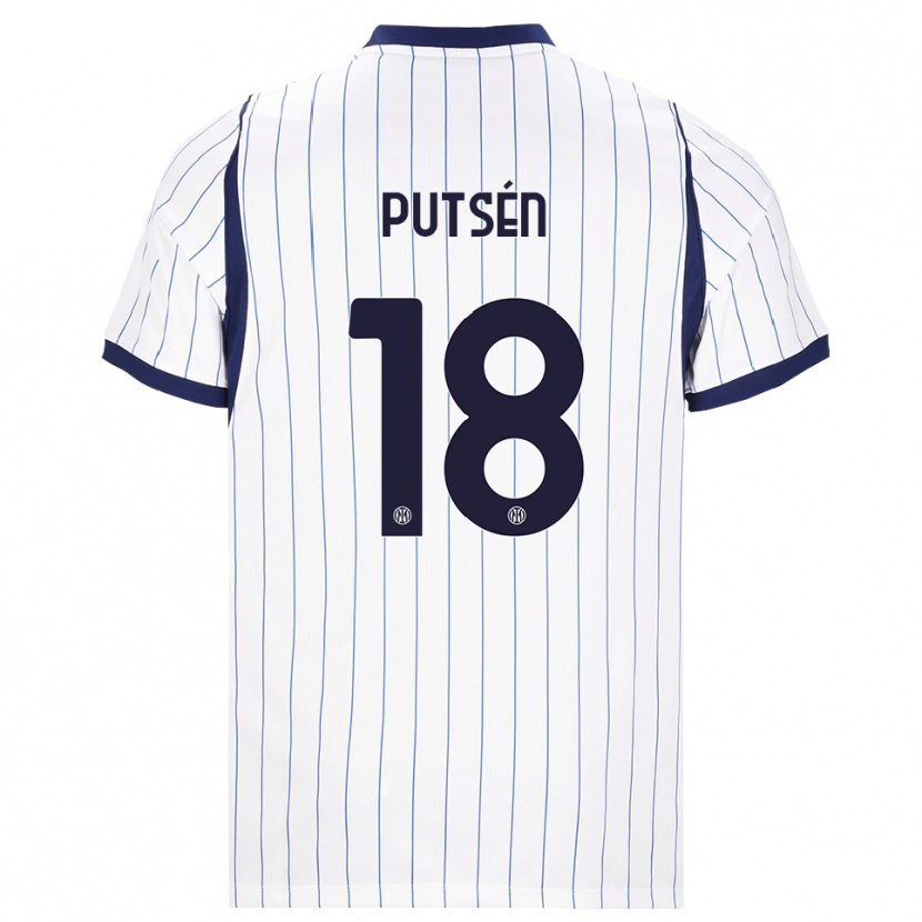 Danxen Bambino Maglia Dino Putsén #18 Bianco Blu Navy Kit Gara Away 2026/27 Maglietta