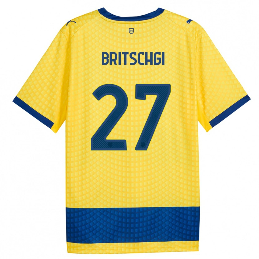 Danxen Bambino Maglia Sascha Britschgi #27 Giallo Blu Nero Kit Gara Away 2026/27 Maglietta
