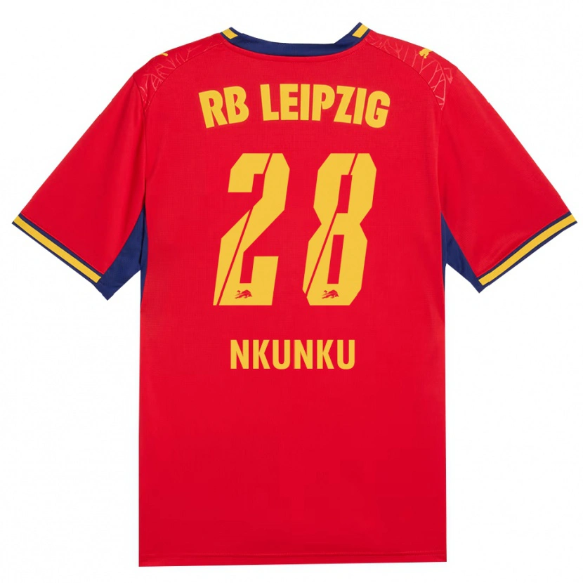 Danxen Bambino Maglia Christopher Nkunku #28 Rosso Giallo Blu Reale Kit Gara Away 2026/27 Maglietta