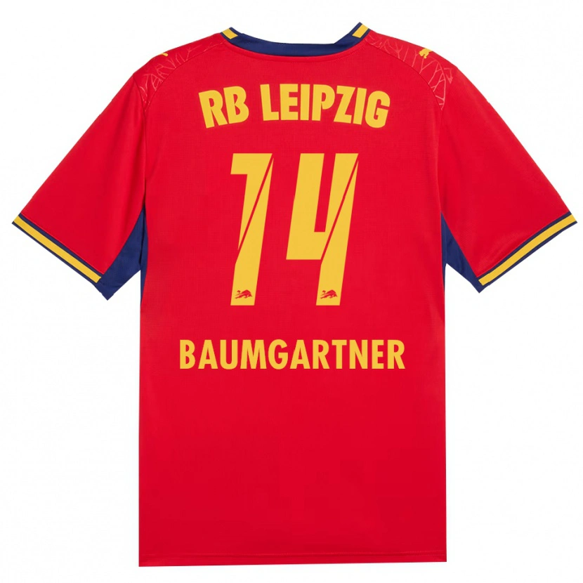 Danxen Bambino Maglia Christoph Baumgartner #14 Rosso Giallo Blu Reale Kit Gara Away 2026/27 Maglietta