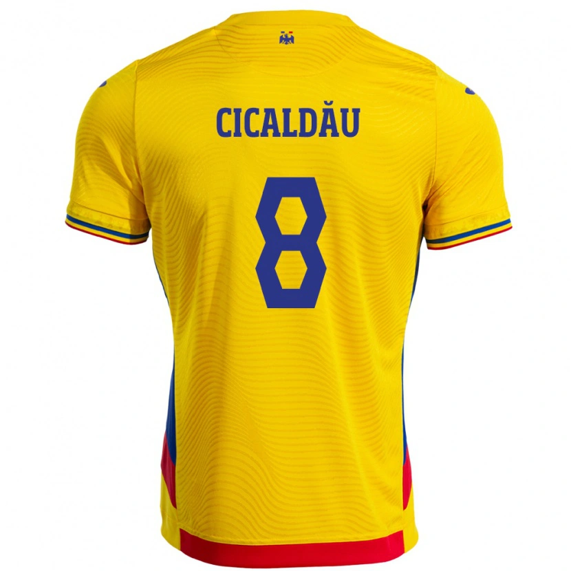 Danxen Bambino Maglia Romania Alexandru Cicâldău #8 Giallo Kit Gara Home 24-26 Maglietta
