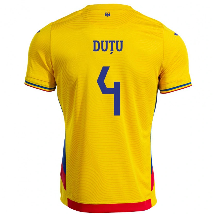 Danxen Bambino Maglia Romania Ștefan Duțu #4 Giallo Kit Gara Home 24-26 Maglietta