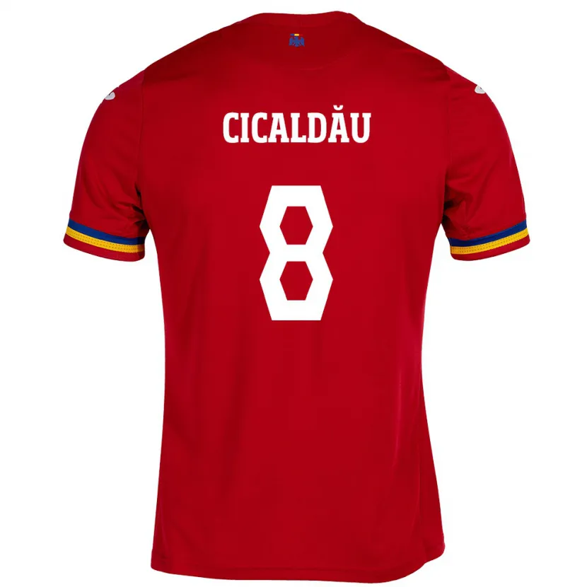 Danxen Uomo Maglia Romania Alexandru Cicâldău #8 Rosso Kit Gara Away 24-26 Maglietta