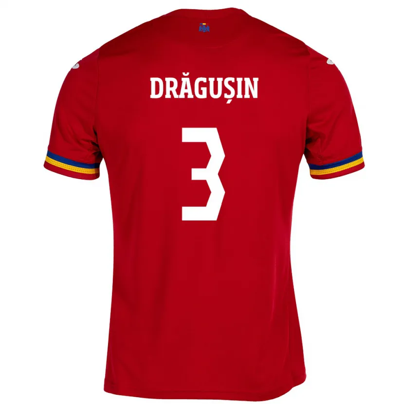 Danxen Donna Maglia Romania Radu Drăgușin #3 Rosso Kit Gara Away 24-26 Maglietta