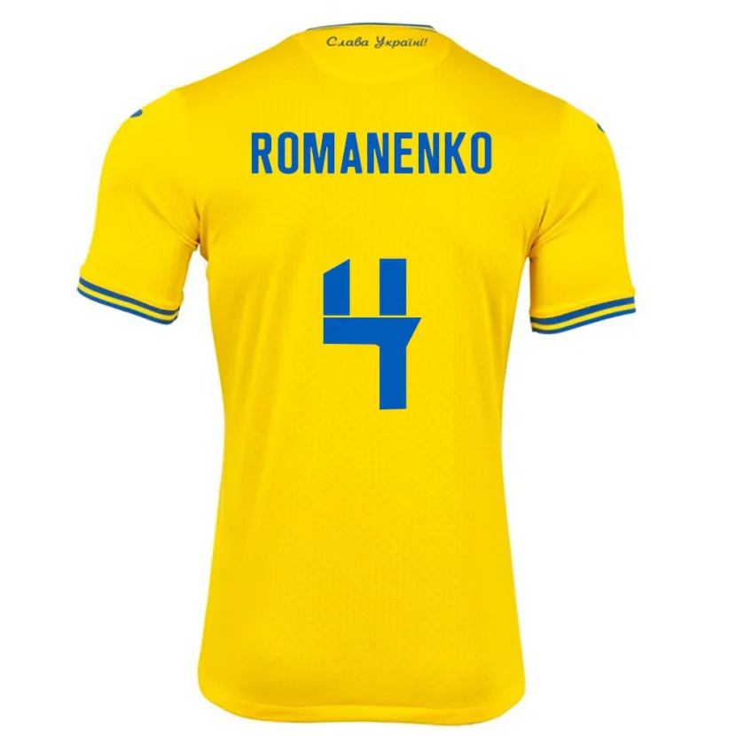Danxen Bambino Maglia Ucraina Tetyana Romanenko #4 Giallo Kit Gara Home 24-26 Maglietta