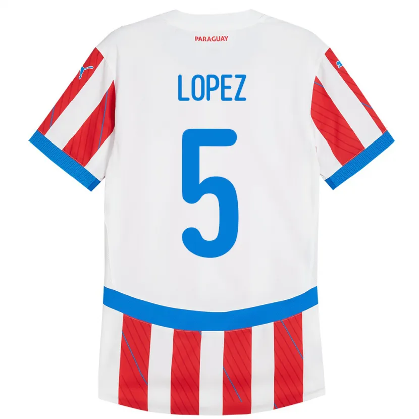 Danxen Bambino Maglia Paraguay Óscar López #5 Bianco Rosso Kit Gara Home 24-26 Maglietta