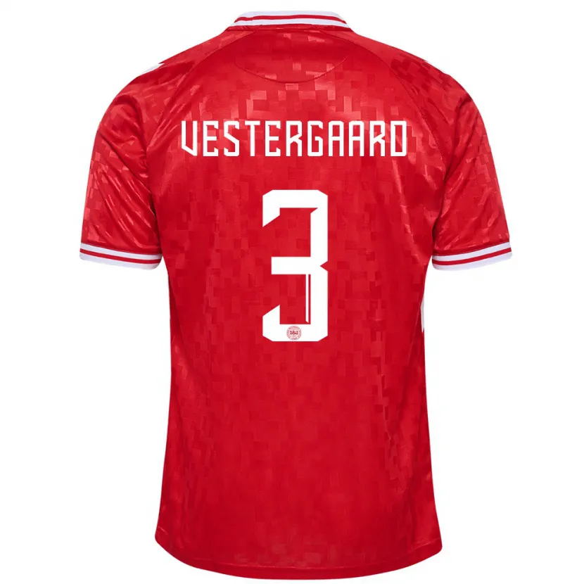Danxen Uomo Maglia Danimarca Jannik Vestergaard #3 Rosso Kit Gara Home 24-26 Maglietta