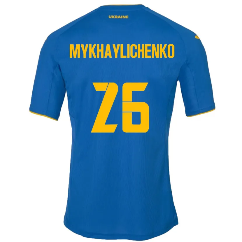 Danxen Uomo Maglia Ucraina Bogdan Mykhaylichenko #26 Blu Kit Gara Away 24-26 Maglietta