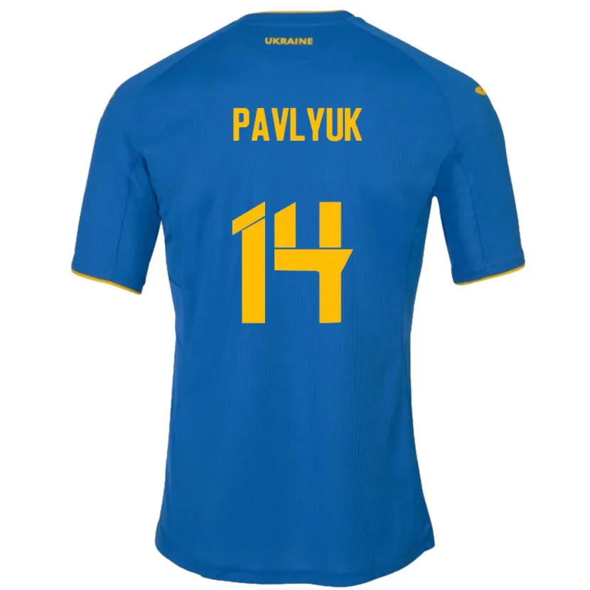 Danxen Uomo Maglia Ucraina Yevgen Pavlyuk #14 Blu Kit Gara Away 24-26 Maglietta