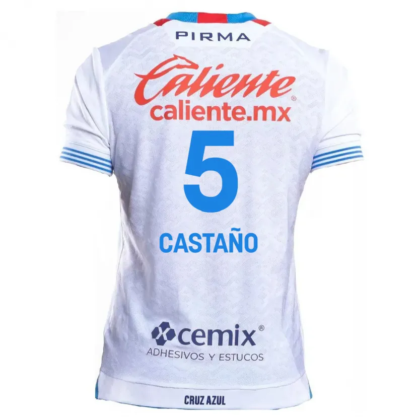 Danxen Bambino Maglia Kevin Castaño #5 Bianco Blu Kit Gara Away 2024/25 Maglietta