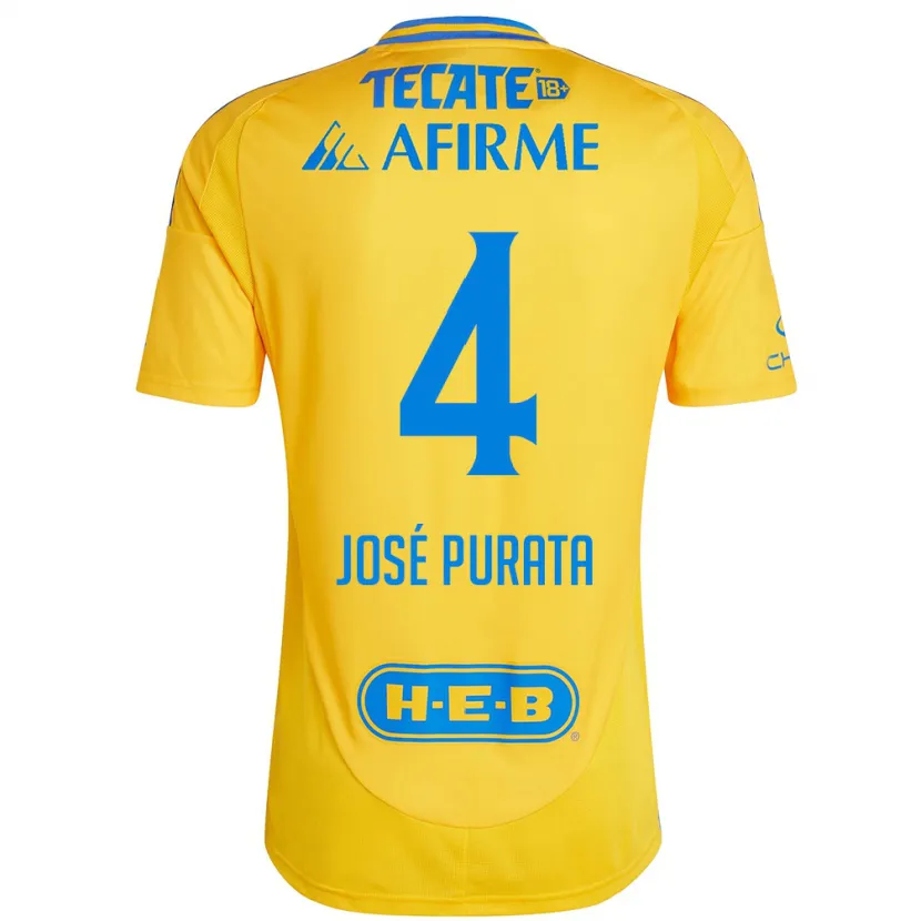 Danxen Uomo Maglia Juan José Purata #4 Oro Giallo Kit Gara Home 2024/25 Maglietta