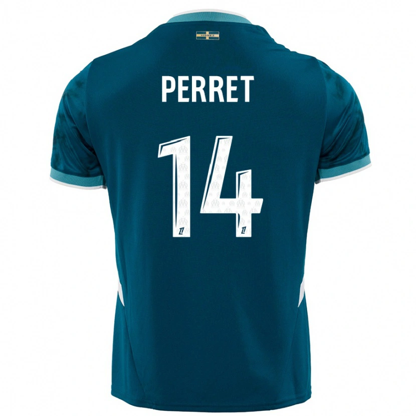 Danxen Uomo Maglia Jenny Perret #14 Turchese Blu Kit Gara Away 2024/25 Maglietta
