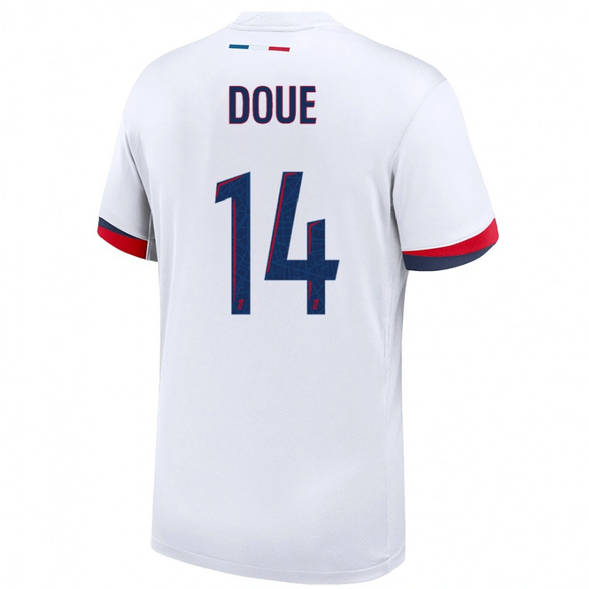 Danxen Uomo Maglia Désiré Doué #14 Bianco Blu Rosso Kit Gara Away 2024/25 Maglietta