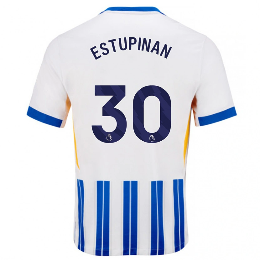 Danxen Bambino Maglia Pervis Estupiñán #30 Bianco Blu A Righe Kit Gara Home 2024/25 Maglietta