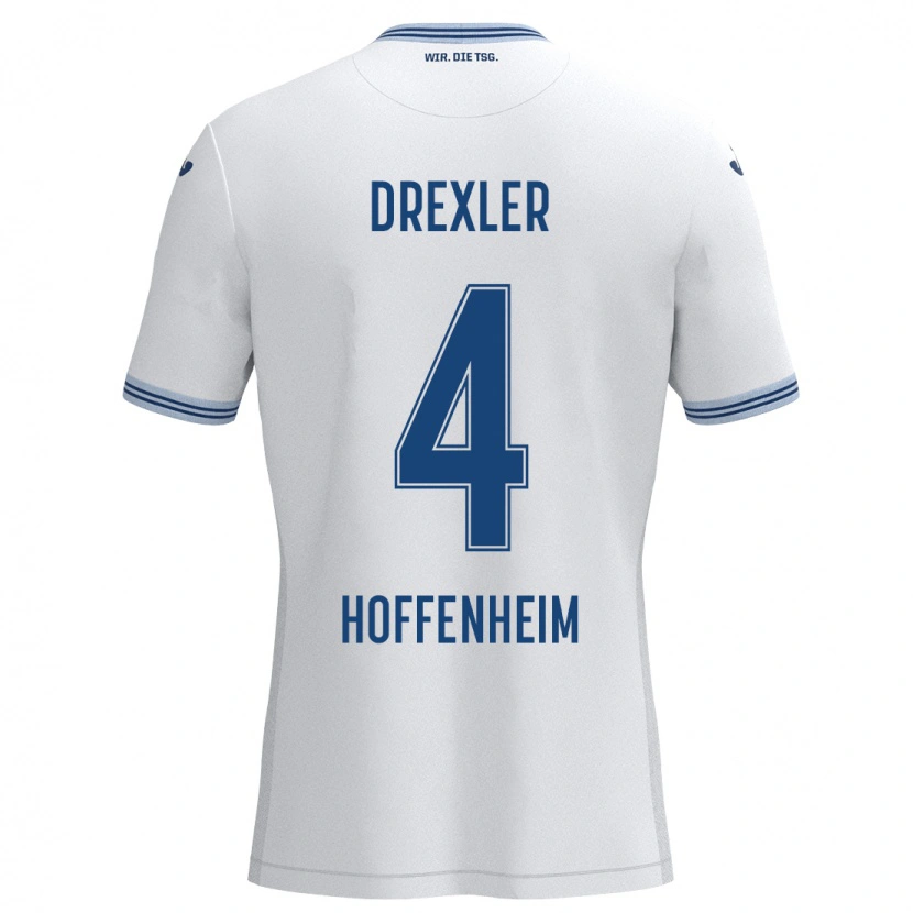Danxen Bambino Maglia Tim Drexler #4 Bianco Blu Kit Gara Away 2024/25 Maglietta