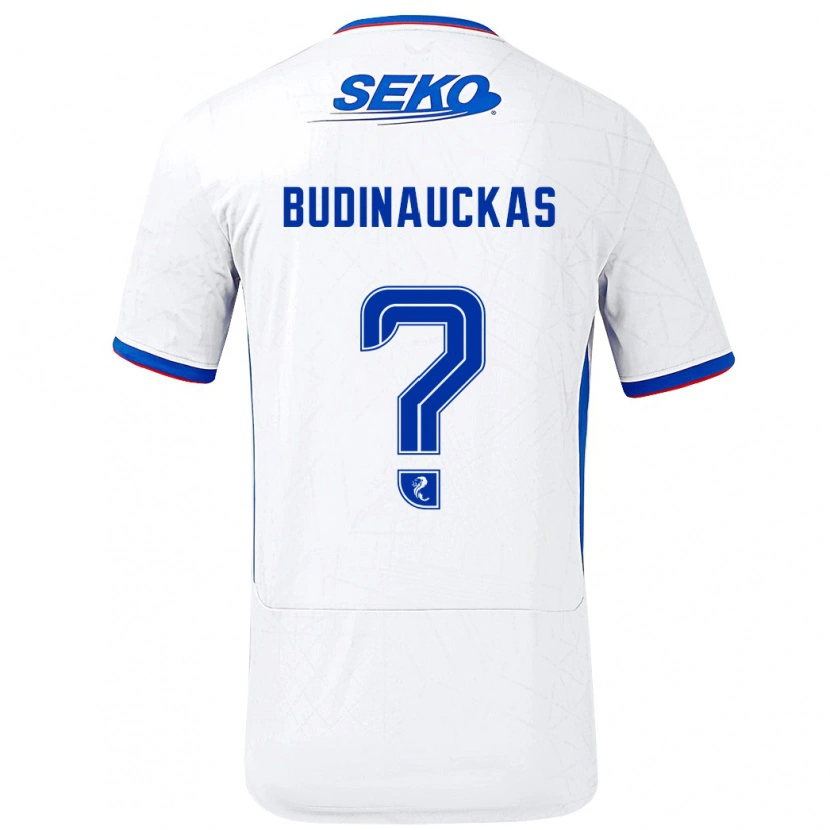 Danxen Bambino Maglia Lewis Budinauckas #0 Bianco Blu Kit Gara Away 2024/25 Maglietta